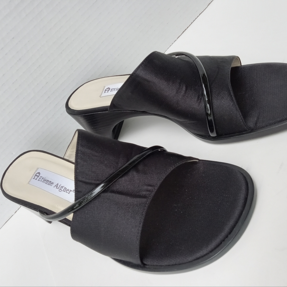 Etienne Aigner Black Open Toe Slip On Sandals Cybill Fabric Leather Up Sz 8 1/2